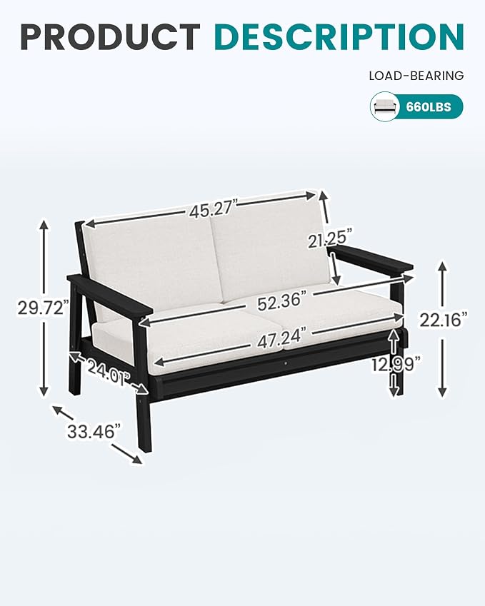 SERWALL HDPE Outdoor Patio Loveseat, All Weather Wood-Like Outdoor Sofa HDPE Outdoor Furniture, Black Frame and Khaki Cushion