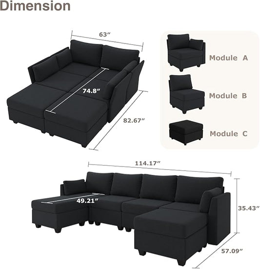 Huatean Home 114.17" Modular Sectional Sofa, 6 Seat Sectional Couches with Storage, Memory Foam, Convertible Modular Couch for Living Room, U Shaped Comfy Modular Sofa with Chaise, Black