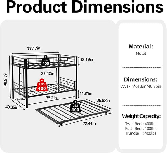 Metal Bunk Bed with Trundle, Space-Saving Bunk Bed Twin Over Twin with Ladders and Safety Guardrail, Heavy Duty Twin Bed Frames, No Box Spring Needed and Noise Free(Black)