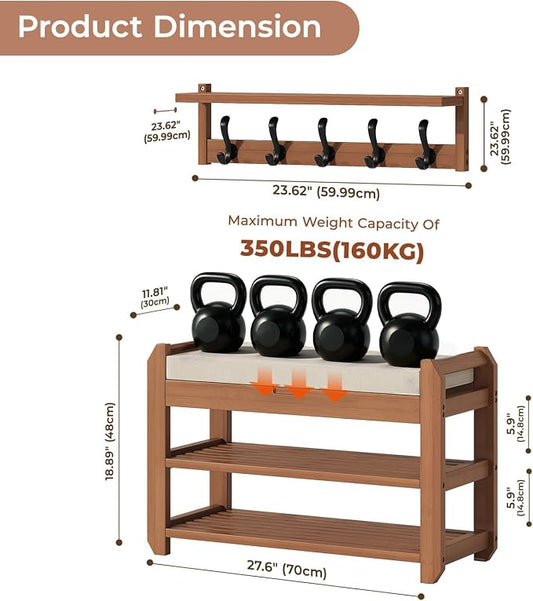 27.6" Bamboo Shoe Bench with Cushion, 5 Hooks Coat Rack, 2-Tier Storage Bench for Entryway, Heavy Duty Shoe Rack Organizer with Removable Soft Cushion for Living Room Bedroom Hallway