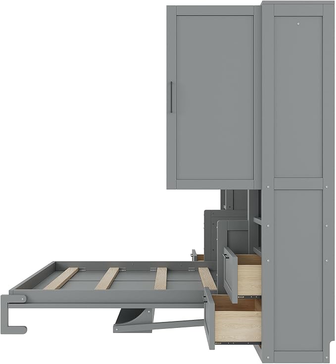 Merax Queen Size Murphy Bed with Desk, Multifunctional Foldable Wall Bed with Closet, Drawers and Shelves, Space-Saving Wood Platform Bed Frame for Small Spaces Studio Study Office Guest Room, Gray
