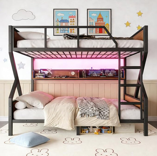 Bellemave Bunk Bed Full Over Full with LED, Heavy Duty Metal Bunk BedFrame with Storage Shelves and Lights, Woodgrain+Black