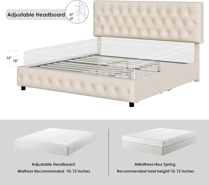 Keyluv King Size Upholstered Platform Bed Frame with 4 Storage Drawers, Modern Beige Velvet Bed with Adjustable Button Tufted Headboard, Solid Wooden Slat Support, Easy Assembly