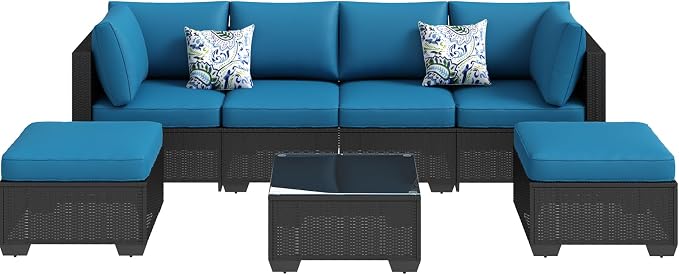 U-MAX 7 Piece Outdoor Patio Furniture Set, PE Rattan Outdoor Wicker Sectional Furniture Chair Set with Cushions and Tea Table, Black Rattan and Peacock Blue Cushion