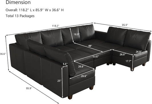 EASE MOOSE Faux Leather Sectional Couch with Storage,Black U Shaped Faux Leather Modualr Sofa Couch