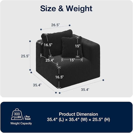 Avenco 35.4” Right-Arm Facing Modular Sofa Seat, Individually Wrapped Coil Support & Corduroy Fabric, Zero Assembly to Complete Your Sectional, Black