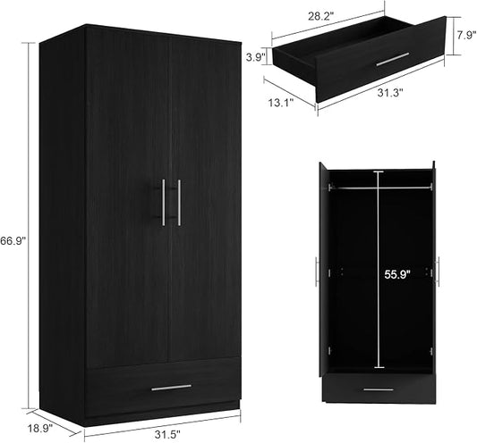 Wardrobe Armoire Closet with 2 Doors, Freestanding Wardrobe Cabinet with Drawer & Hanging Rod, Bedroom Armoire Clothes Organizer, Type C Black (31.5" W x 18.9" D x 66.9" H)