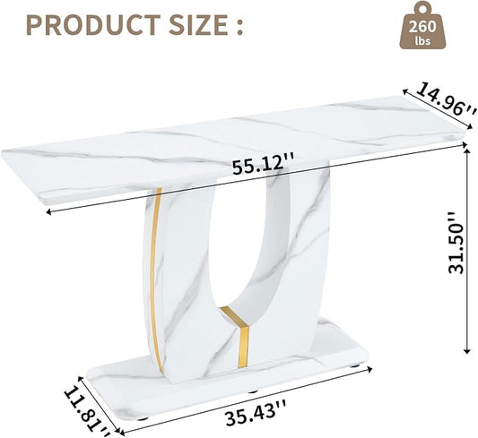 LKTART 55" MDF Console Table for Entryway, Narrow Entryway Table with Faux Marble Pattern, Couch Tables Behind Sofa with U-Shaped Base for Living Room Hallway Foyer, White