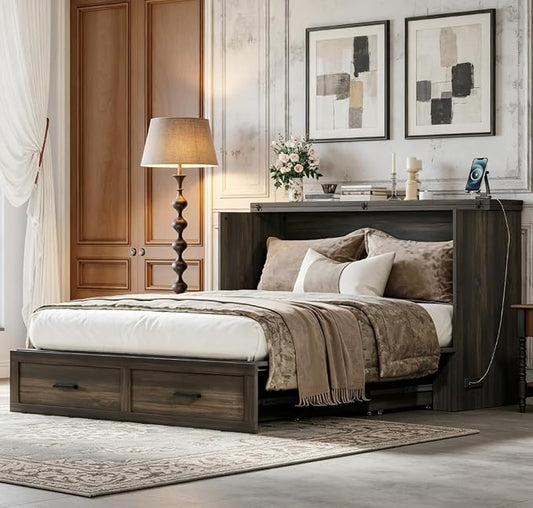 Bellemave Queen Murphy Bed with Charging Station and Storage, Farmhouse Murphy bedframe with Foldable Panel, Noisy Free, for Guest Bedroom, Living Room, Office, Rustic Gray