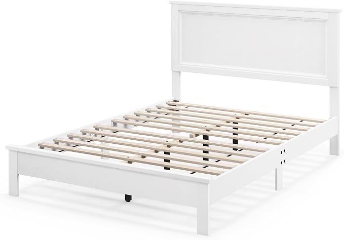Giantex Wood Full Platform Bed Frame with Headboard, Mid Century Bed Frame with Solid Wood Legs & Wooden Slat Support, No Box Spring Needed, White Bed