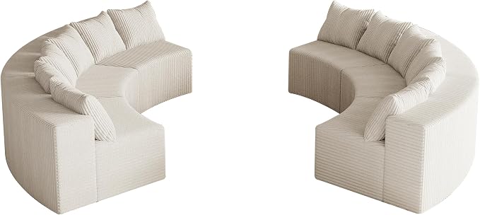 KEIKI 6 Seat Corduroy Curved Sectional Sofa, Symmetrical Modular Semi Circular Couch, Deep Seat Tufted Corner Sofa for Living Room, Lobby, Beige