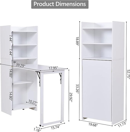 Foldable Desk with Storage,Hidden Desk with Built-in Socket,Fold Out Writing Table for Small Spaces,Home Office and Bedroom (White)