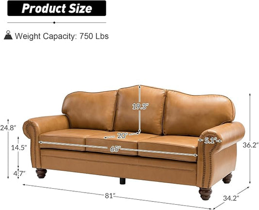 81" Genuine Leather Sofa, Classic 3-Seater Couchs with Wood Legs, Stylish & Comfortable Sofa for Living Room or Office, Easy Assembly and Maintain & Long-Lasting, Camel