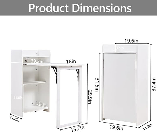 Fold Out Desk,Hidden Desk with Built-in Outlet, Foldable Desk with Storage for Small Spaces,Home Office and Bedroom (White)