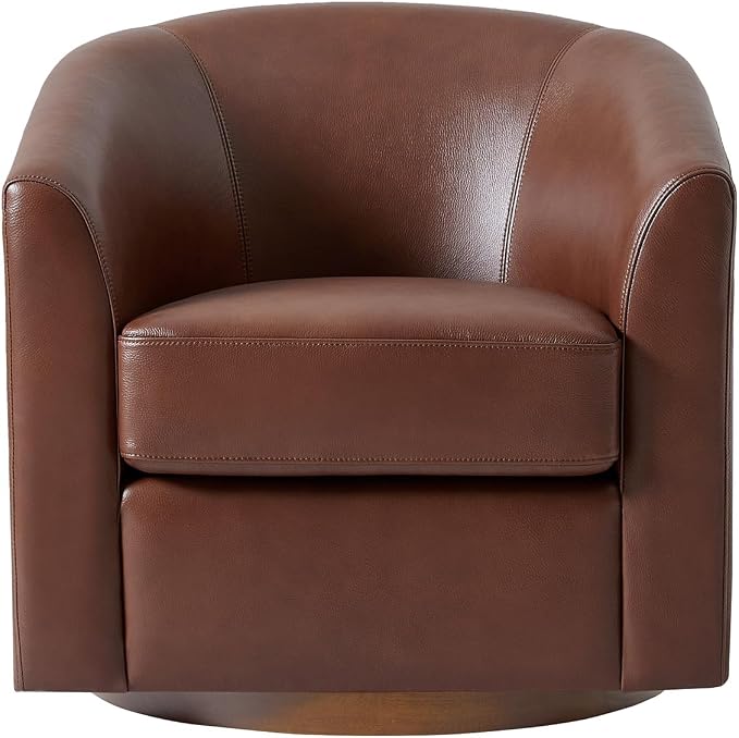 HULALA HOME Genuine Leather Swivel Barrel Chair, Round Swivel Accent Chair with Solid Wood Base, No Assembly Required, Brown