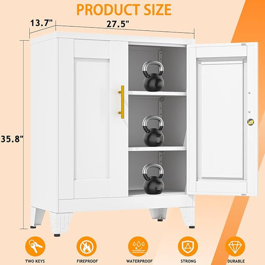 36 Inch Locking Storage Cabinet, 13.8" D x 27.6" W x 35.4" H, Metal Cabinet with 2 Adjustable Shelves, Heavy-Duty Steel Garage Storage Cabinet for Home, Office, Basement, White