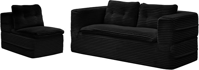 80'' Futon Sofa Bed, King Size Foldable Sleeper Sofa, Corduroy Boneless Loveseat Couch with Chaise Lounge, 3 Pillows, Blanket, Upholstered Sectional Couches for Living Room, Bedroom, Black