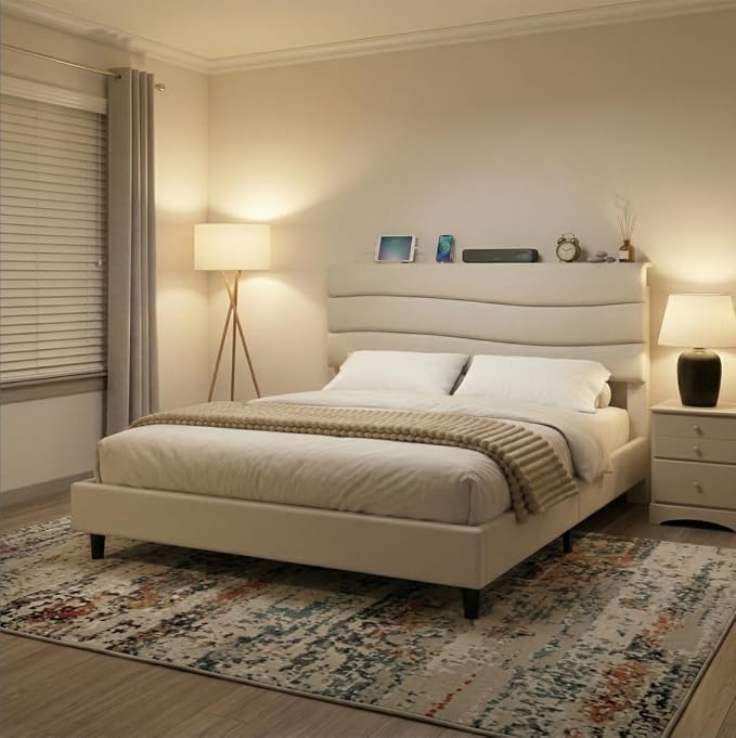 EnHomee Queen Bed Frame with Upholstered Headboard,Adjustable Height,Charging Station, Noise-Free, No Box Spring Needed, Easy Assembly,Beige