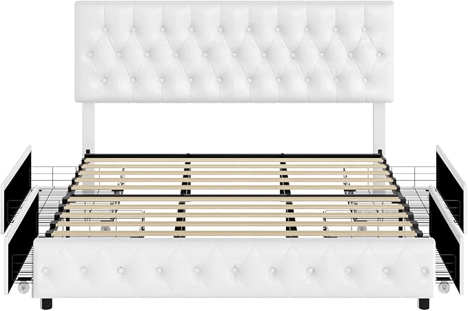 Keyluv Queen Size Upholstered Platform Bed Frame with 4 Storage Drawers, Modern White Faux Leather Bed with Adjustable Button Tufted Headboard, Solid Wooden Slat Support, Easy Assembly