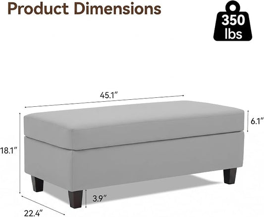 45" Faux Leather Storage Ottoman Bench with Wooden Tray, Light Grey Large Upholstered Foot Stool, Multifunctional Coffee Table Storage Bench with Solid Wood Legs for Living Room Bedroom Entryway