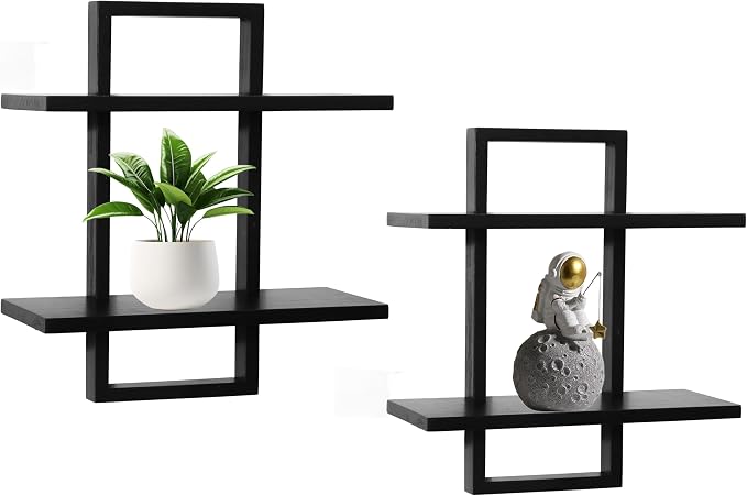 PHOENANCEE Floating Shelves for Wall,Display Hanging Shelf Set of 2,Modern Decorative Plants Shelves,Wood Home Decor Storage Chic for Living Room Bedroom Bathroom Office,Oak Frame,2-Tier Black