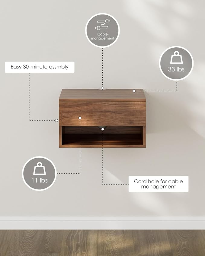 Floating Nightstand, Small Modern Floating Nightstand with Drawer, Floating Shelves for Bedroom, Bathroom (Brown Walnut)