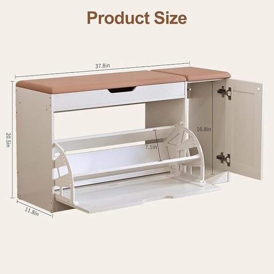 34" Storage Bench with Flip Drawers and Barn Doors, Adjustable Shelf, Flip-up Cabinet & Padded Cushion - Space-Saving Shoe Cabinet, Organizer for Entryway, Hallway, Bedroom