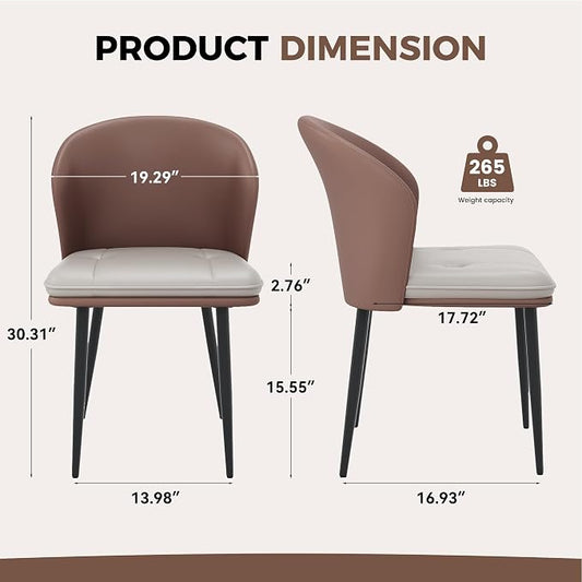 Modern Curved Back Dining Chairs Set of 2, Faux Leather Upholstered Accent Chair, Mid-Century Kitchen Side Chair with Soft Cushion for Dining Room, Living Room, Bedroom, Brown