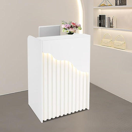 Reception Desk with Counter, Front Desk Reception Counter with LED Light & Lockable Drawer, Wooden Checkout Counter for Lobbies, Salons, Retail, Home Offices, Reception Room - Warm White