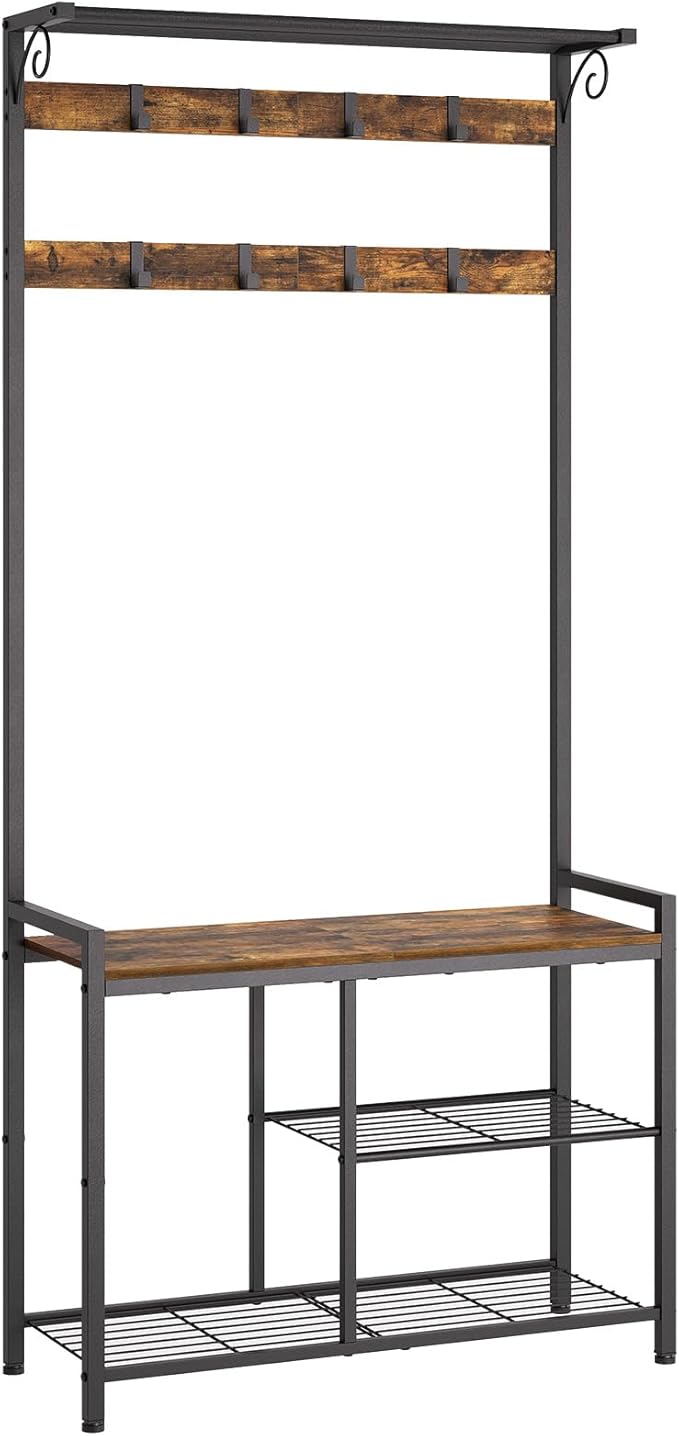 YATINEY Coat Rack Shoe Bench, 4-in-1 Hall Tree with Storage Shelves and Hanging Rod, Entryway Storage Organizer with 8 Movable Hooks, for Entryway, Hallway, Corridor, Rustic Brown and Black MT12BR