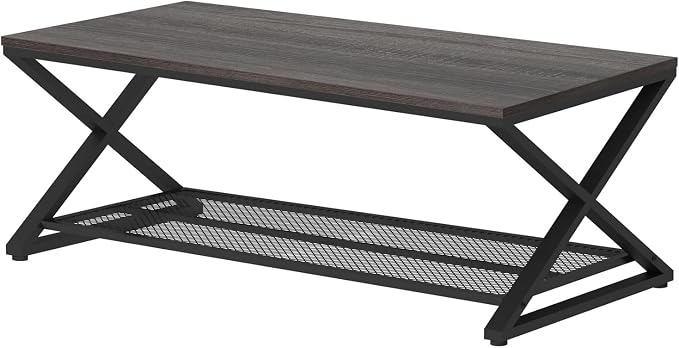 LVB Industrial Grey Coffee Table, Wood Metal 2 Tier Center Table with Storage, Rectangular Low Cocktail Table for Living Room, Farmhouse Concrete Tables for Home Office Bedroom, Dark Gray Oak, 47 Inch