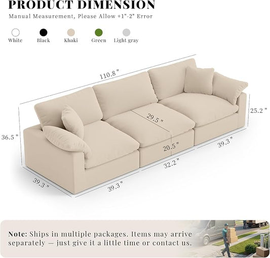 Modular Cloud Sofa,Convertible 3-Seater Set,Extra Deep Seat Down Filled Seat,Washable & Replaceable Cushion Covers for Living Room,Apartment,Khaki