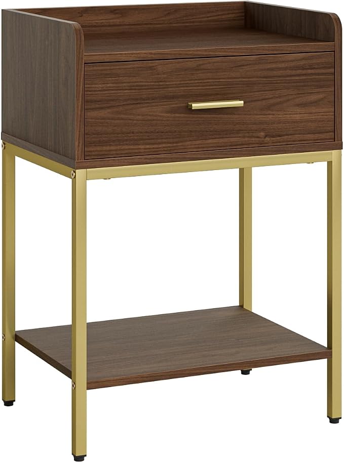 Masupu Nightstand, 3-Tier Modern Bedside Night Stand with Storage Drawer and Shelf, Small End Side Table for Bedroom, Living Room, Walnut