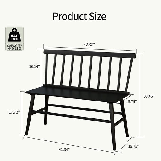 APRTAT Bamboo Entryway Bench, Dining Bench with Spindle Back (Black) | Natural Bamboo & H-Shaped Support, Spindle Back, Ideal for entryways, bedrooms, outdoor settings, Easy Assembly & Clean