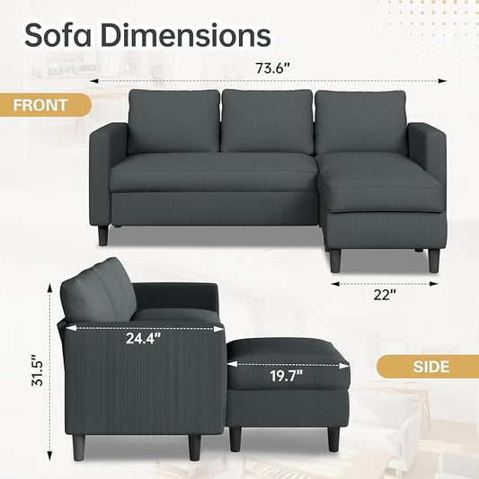 JAMFLY 3-Seat Reversible Sectional Sofa with Convertible Ottoman, Modern Ribbed Fabric L-Shaped Couch for Living Room, Small Apartment & Office, Easy Tool-Free Assembly, Grey