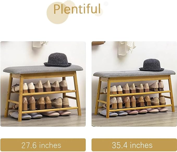 Shoe Rack Storage Bench, Bamboo Shoe Shelf with Cushioned Seat and Organizer Compartment, Upholstered Bench for Closet, Entryway, Hallway, Bedroom,90cm