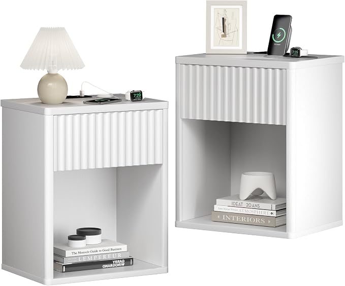 White Nightstands Set of 2 w/Charging Station, Wooden End Table Bed Side Table with Curved Drawer, Mid Century Modern Fluted Night Stand with Rounded Edge for Bedroom, Living Room