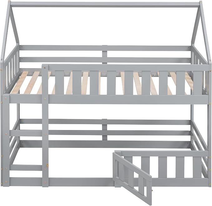 SOFTSEA Twin Over Twin House Bunk Bed, Solid Wood House Bunk Bed Frame with Ladder, Door & Safety Guardrails, Floor Bunk Beds for Kids, Noise Free, Easy Assembly, Grey