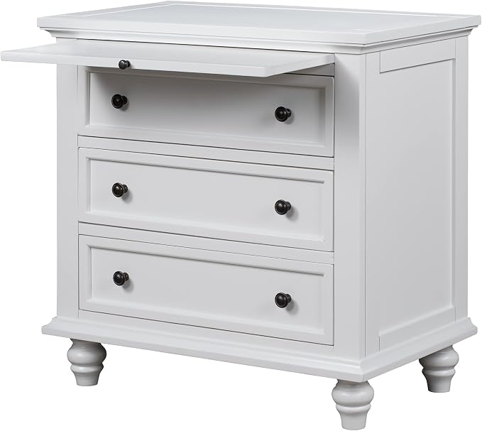Merax Wood Nightstand with 3 Storage Drawers, Bedside End Table with Pull Out Tray, White (No Guide Rails)