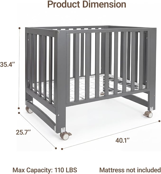 MAMAZING EvoNest 6-in-1 Convertible Baby Mini Crib with Wheels, GREENGUARD Gold Certified, 4 Adjustable Mattress Heights, 100% New Zealand Pine Wood, Portable Crib for Small Spaces, Gray
