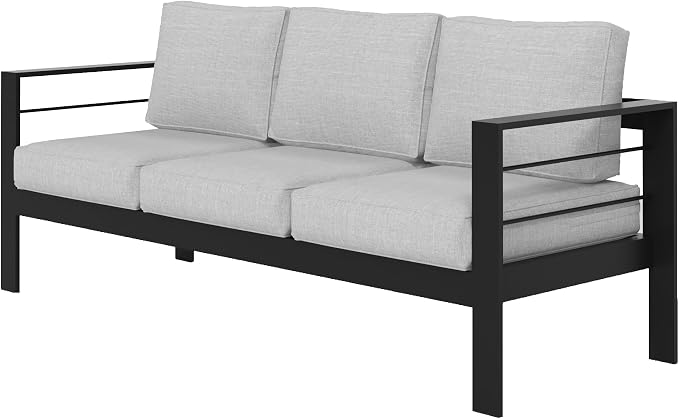 Wisteria Lane Aluminum Outdoor Sofa, 3 Seats Patio Couch All-Weather Rust-Proof Modern Metal Patio Furniture with 5" Thick Olefin Cushions, Light Grey