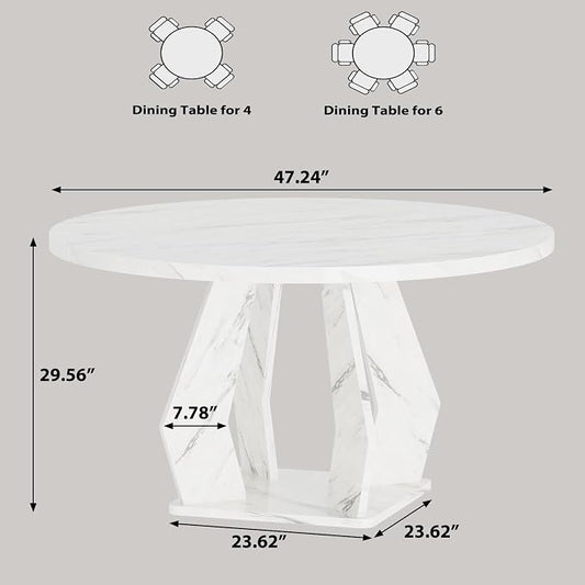 IBF Round Marble Dining Table,Dinner Tables for Kitchen 4-6,47 Inch Modern Pedestal Dining Room Table for Kitchen,Office,Living Room,White Marble