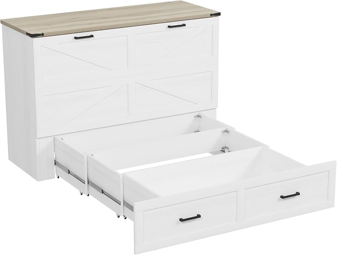 Bellemave Queen Size Murphy Bed with Charging Station and Storage, Farmhouse Murphy bedframe with Foldable Panel, Noisy Free, for Guest Bedroom, Living Room, Office, White