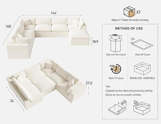 Cloud Sectional Couches for Living Room | 7 Seater U-Shaped Boneless Couch with Ottoman | Ivory White Modular Sectionals Sofa Couch
