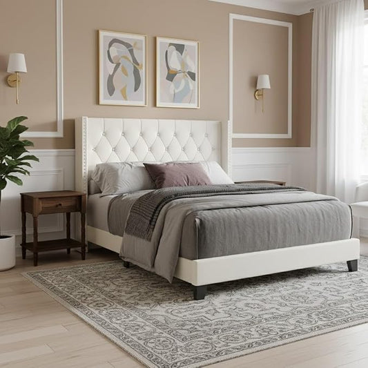 HOME DESIGN Homer King Tufted Wingback Upholstered Panel Bed with 2 Matching 1 Drawer Nightstands, Bedroom Furniture Set with Open Shelf Storage, Light Beige Brown