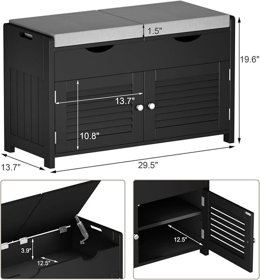 ChooChoo Shoe Storage Bench with Lift Top Storage, Entryway Bench with 2 Cushioned Seats, 3 Compartments, Adjustable Shelf, Shoe Cabinet for Entryway, Bedroom, Living Room, Black