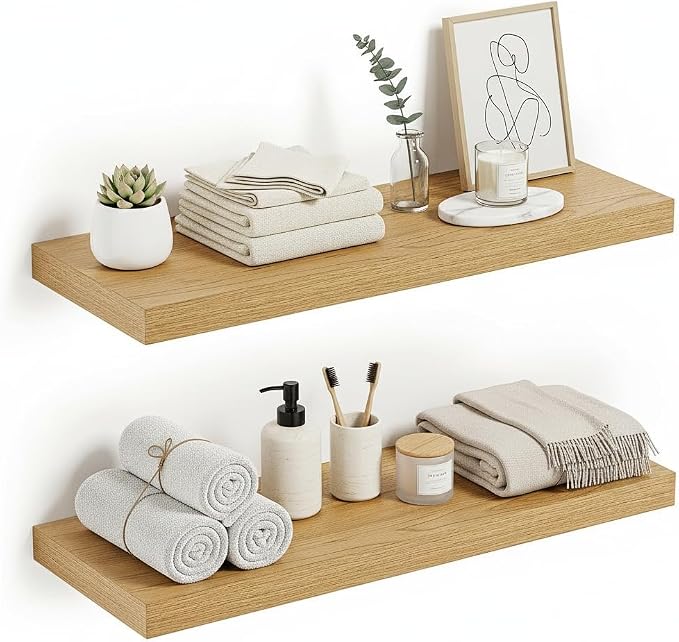 Vivelove Floating Shelves 24 inchs Long, Bathroom Shelves Over Toilet 9.1” Deep, Wall Mounted Wall Shelves for Bedroom, Living Room, Kitchen, Office, Rustic Home Decor, Oak, Set of 2