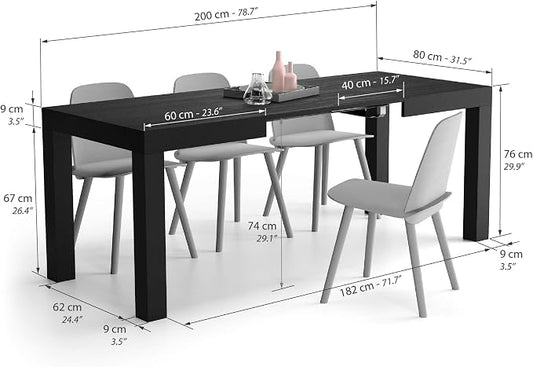 Mobili Fiver, First Extendable Table, 47.2(78.7) x31.5 in, Ashwood Black, for 6-8 People, Expandable Dining Table for Kitchen, Living Room, Italian Furniture