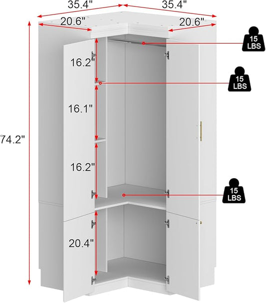 AIEGLE Corner Armoire Wardrobe Closet with Drawers, White Coat Closet with Doors, Modern Tall Wardrobe Corner Cabinet Closet with Hanging Rod for Bedroom, Freestanding, White, 35.4"D x 35.4"W x 74.2"H