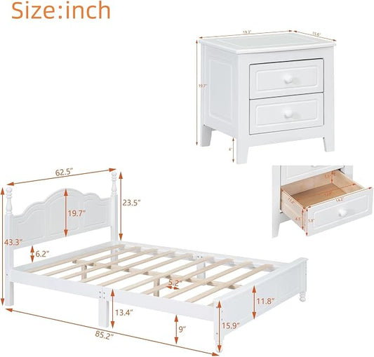 Harper & Bright Designs Bedroom Set Furniture, 3-Pieces Bedroom Sets, Queen Size Wood Platform Bed and 2 Nightstands, White